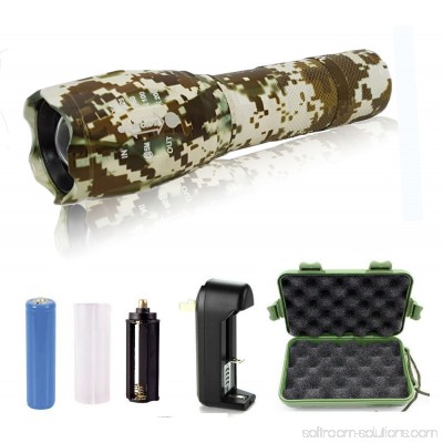 G1000 Military Tactical Flashlight 5 Modes Zoomable Adjustable Focus - Ultra Bright LED Tactical Flashlight - Full Kit (Camo Blue)